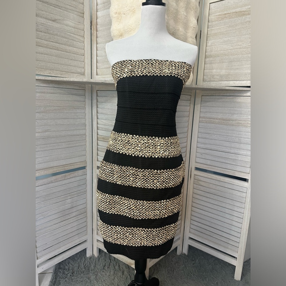 NEW•VENUS•XL• SHIMMER ON GORGEOUS BLACK & GOLD GLAM STRAPLESS BODY CON - Picture 2 of 16